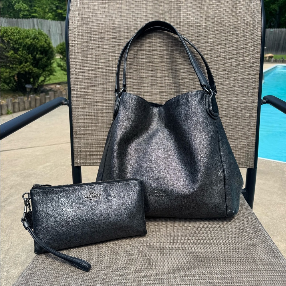 Coach Edie Purse and Double Zip Set with Leather Elegance in Metallic Pebble